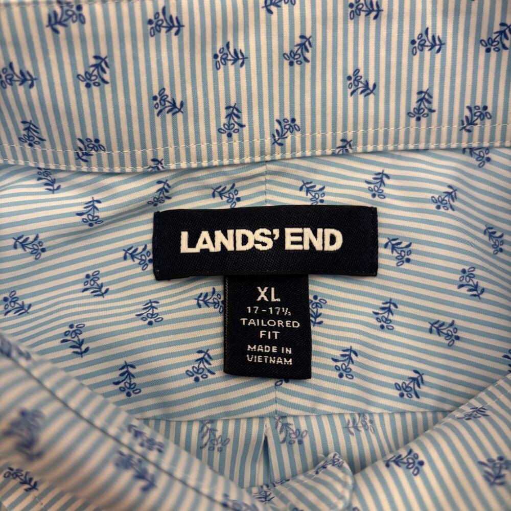 Lands' End Tailored Fit Dress Shirt Blue Floral Stripe XL 17-17.5 Men's - Picture 2 of 6